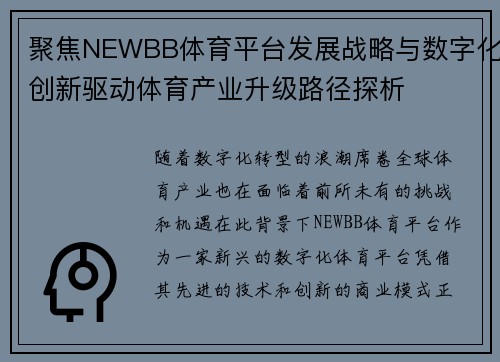 聚焦NEWBB体育平台发展战略与数字化创新驱动体育产业升级路径探析 聚焦NEWBB体育平台发展战略与数字化创新驱动体育产业升级路径探析